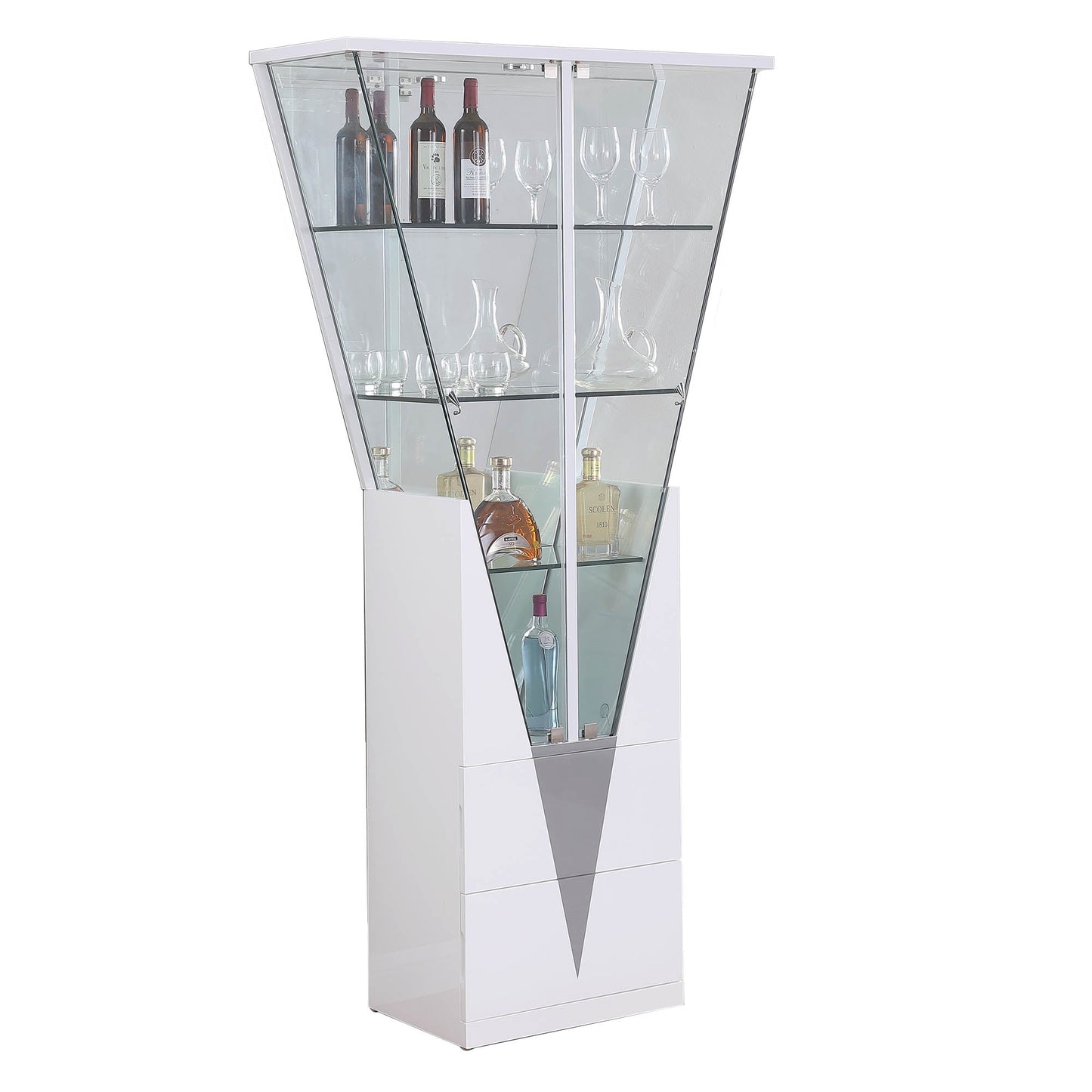 Triangular Design Curio w/ Shelves, Drawers & LED Lights | Chintaly - 6625-CUR-WHT