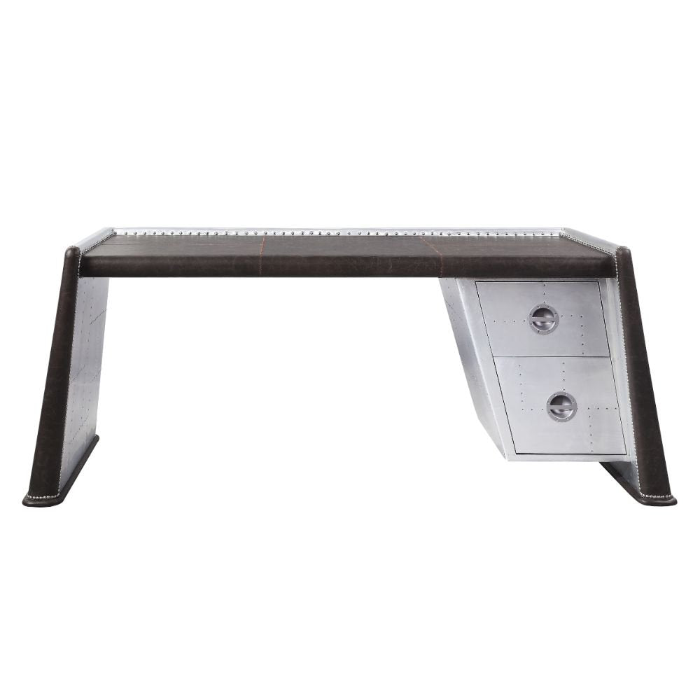 Brancaster Executive Writing Desk 92855 Distress Chocolate Top Grain Leather & Aluminum | Acme