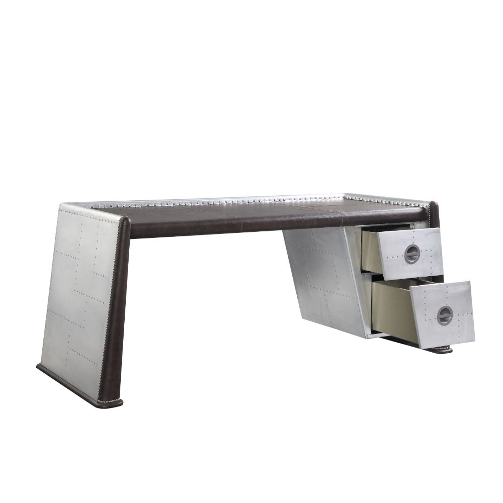 Brancaster Executive Writing Desk 92855 Distress Chocolate Top Grain Leather & Aluminum | Acme