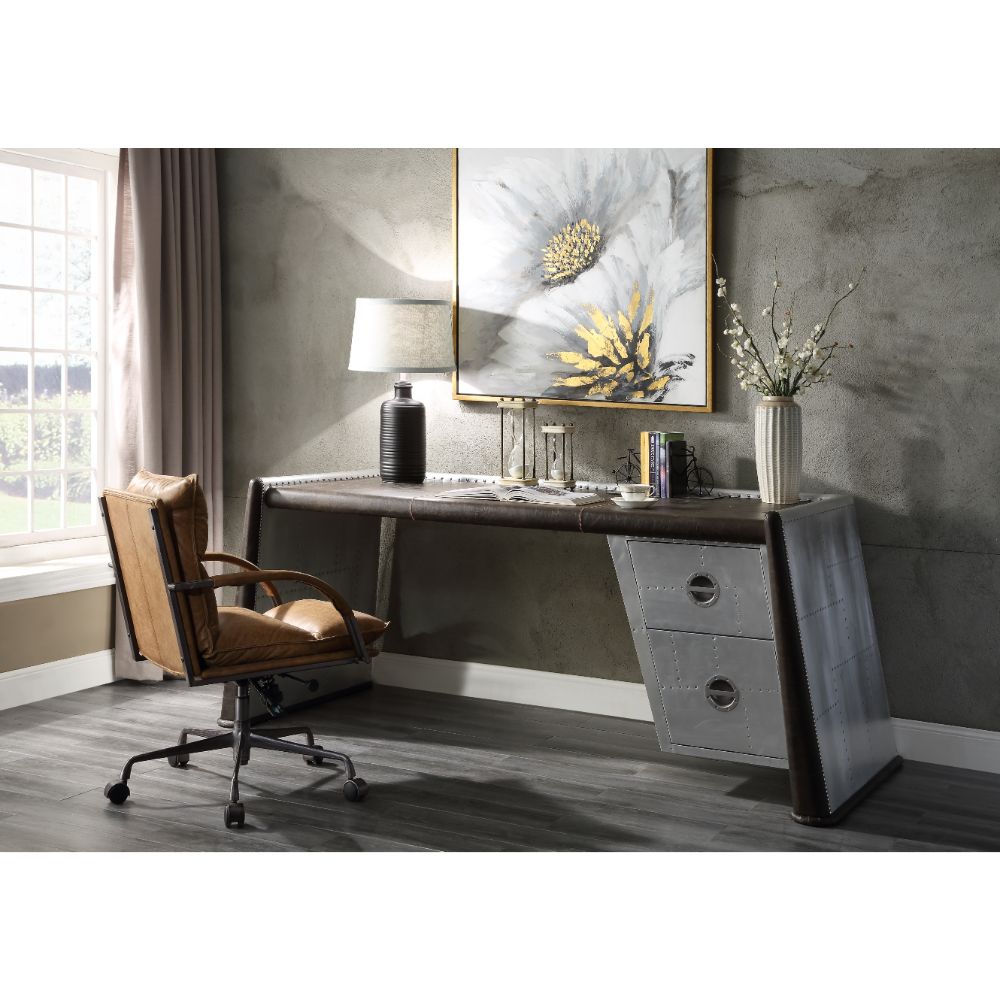 Brancaster Executive Writing Desk 92855 Distress Chocolate Top Grain Leather & Aluminum | Acme