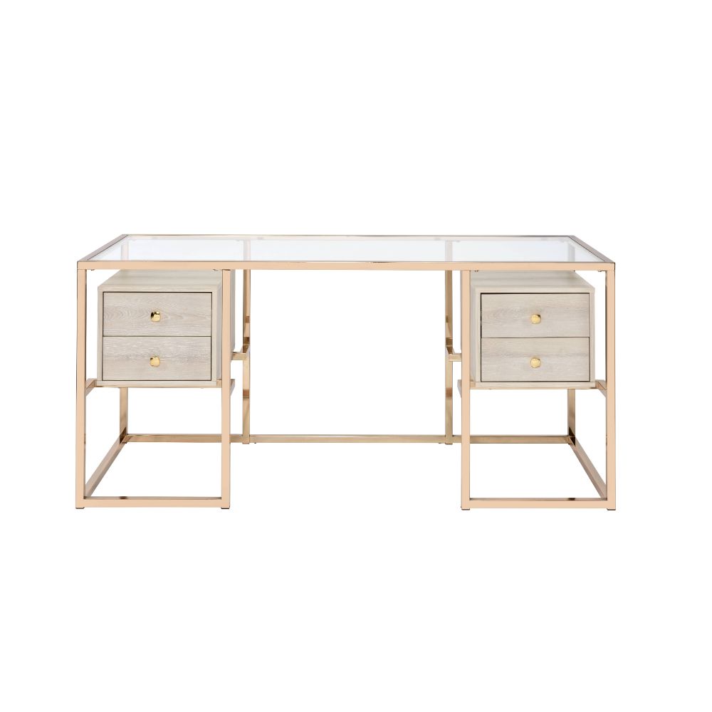 Huyana Writing Desk 92945 Clear Glass Top & Gold Finish | Acme