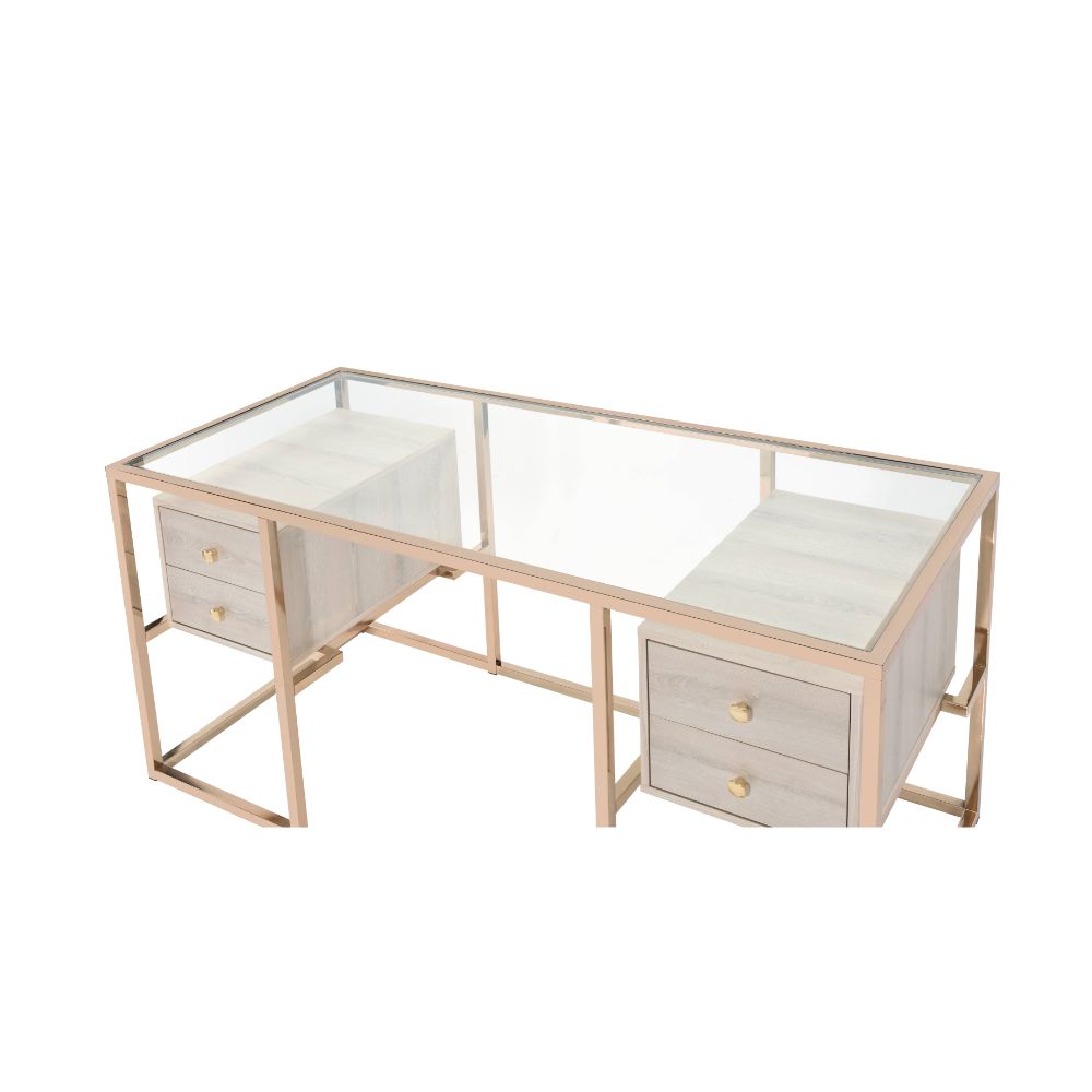 Huyana Writing Desk 92945 Clear Glass Top & Gold Finish | Acme