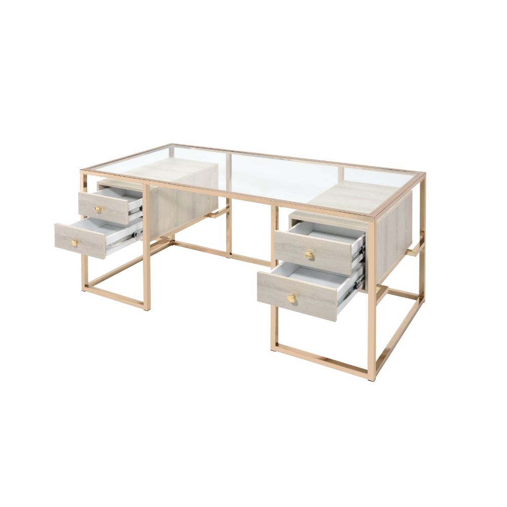 Huyana Writing Desk 92945 Clear Glass Top & Gold Finish | Acme