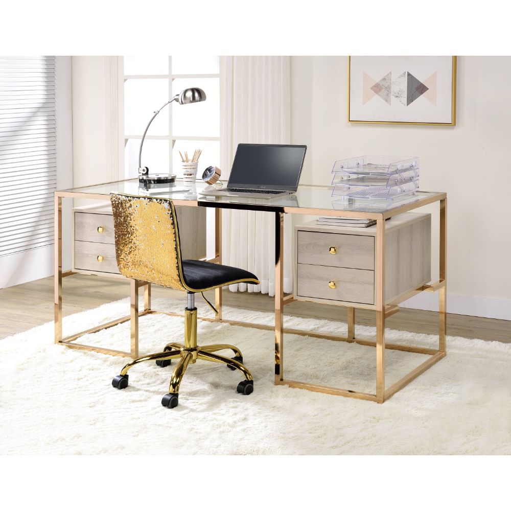 Huyana Writing Desk 92945 Clear Glass Top & Gold Finish | Acme
