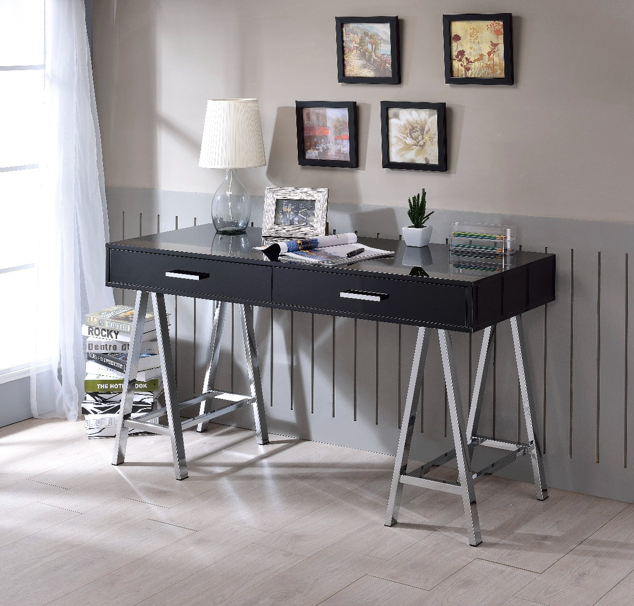 Coleen Writing Desk W/USB 93045 Black High Gloss & Chrome Finish | Acme
