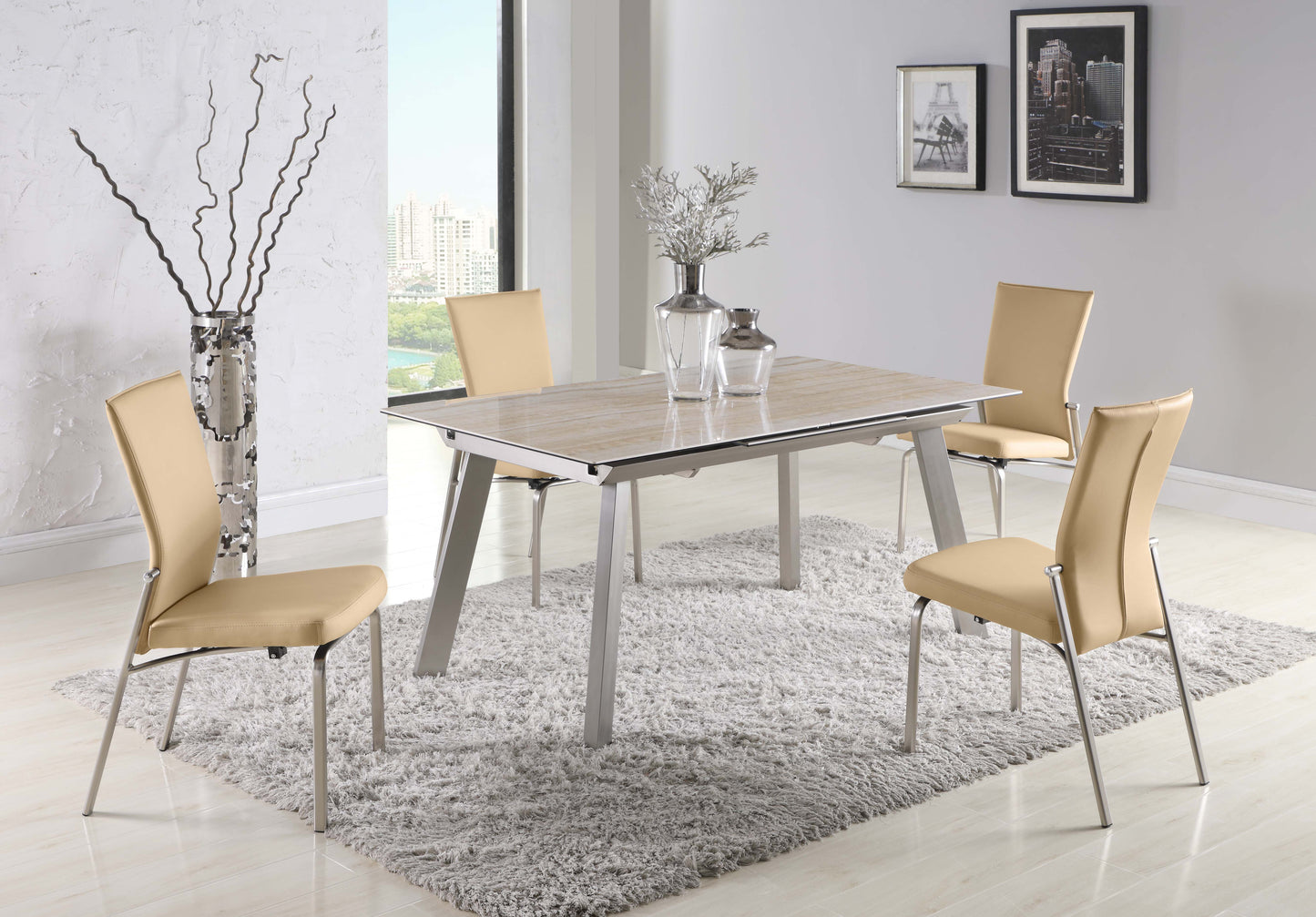 Contemporary Motion-Back Side Chair w/ Brushed Steel Frame - 2 per box | Chintaly - MOLLY-SC-BGE