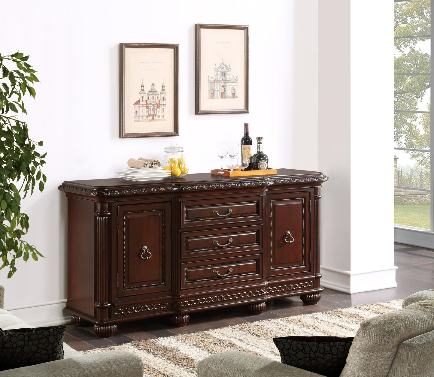 Antoinette Buffet - Elegant Cherry Finish Server with Ample Storage & Intricate Details for Dining