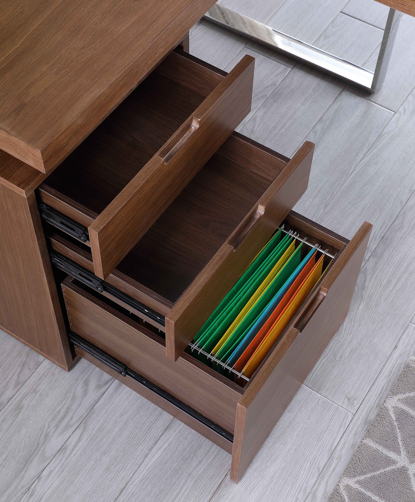 Reversible Wooden Home Office Desk w/ 3-Drawer Cabinet | Chintaly - 6921-DSK-WAL