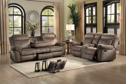 Aram Brown Fabric Double Reclining Sofa with Center Drop-Down Cup Holders, Receptacles, Hidden Drawer and USB Ports