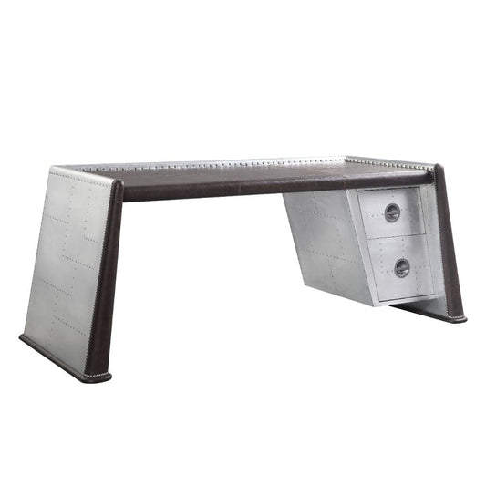 Brancaster Executive Writing Desk 92855 Distress Chocolate Top Grain Leather & Aluminum | Acme