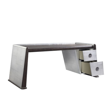 Brancaster Executive Writing Desk 92855 Distress Chocolate Top Grain Leather & Aluminum | Acme