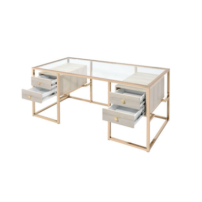 Huyana Writing Desk 92945 Clear Glass Top & Gold Finish | Acme