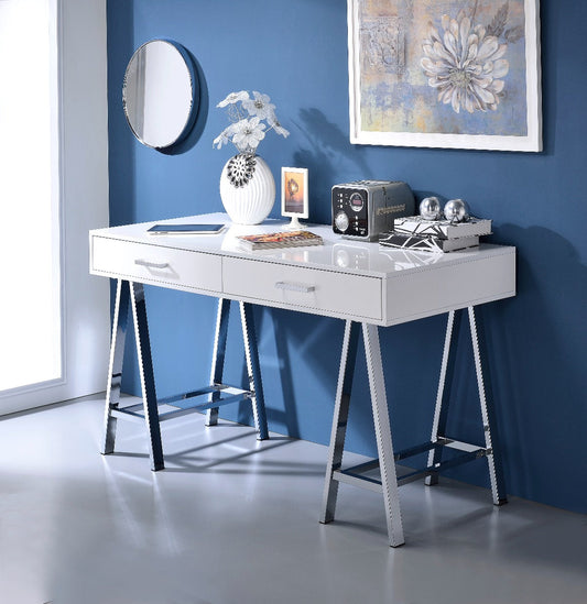 Coleen Writing Desk W/USB 93047 White High Gloss & Chrome Finish | Acme