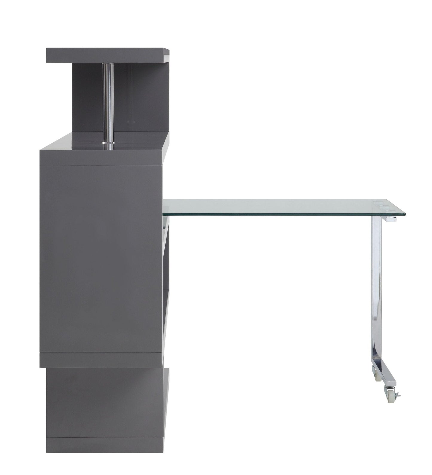 Buck II Writing Desk W/Bookshelf 93181 Clear Glass, Chrome & Gray High Gloss Finish | Acme