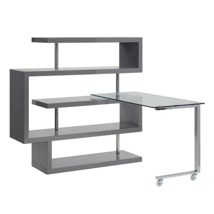 Buck II Writing Desk W/Bookshelf 93181 Clear Glass, Chrome & Gray High Gloss Finish | Acme