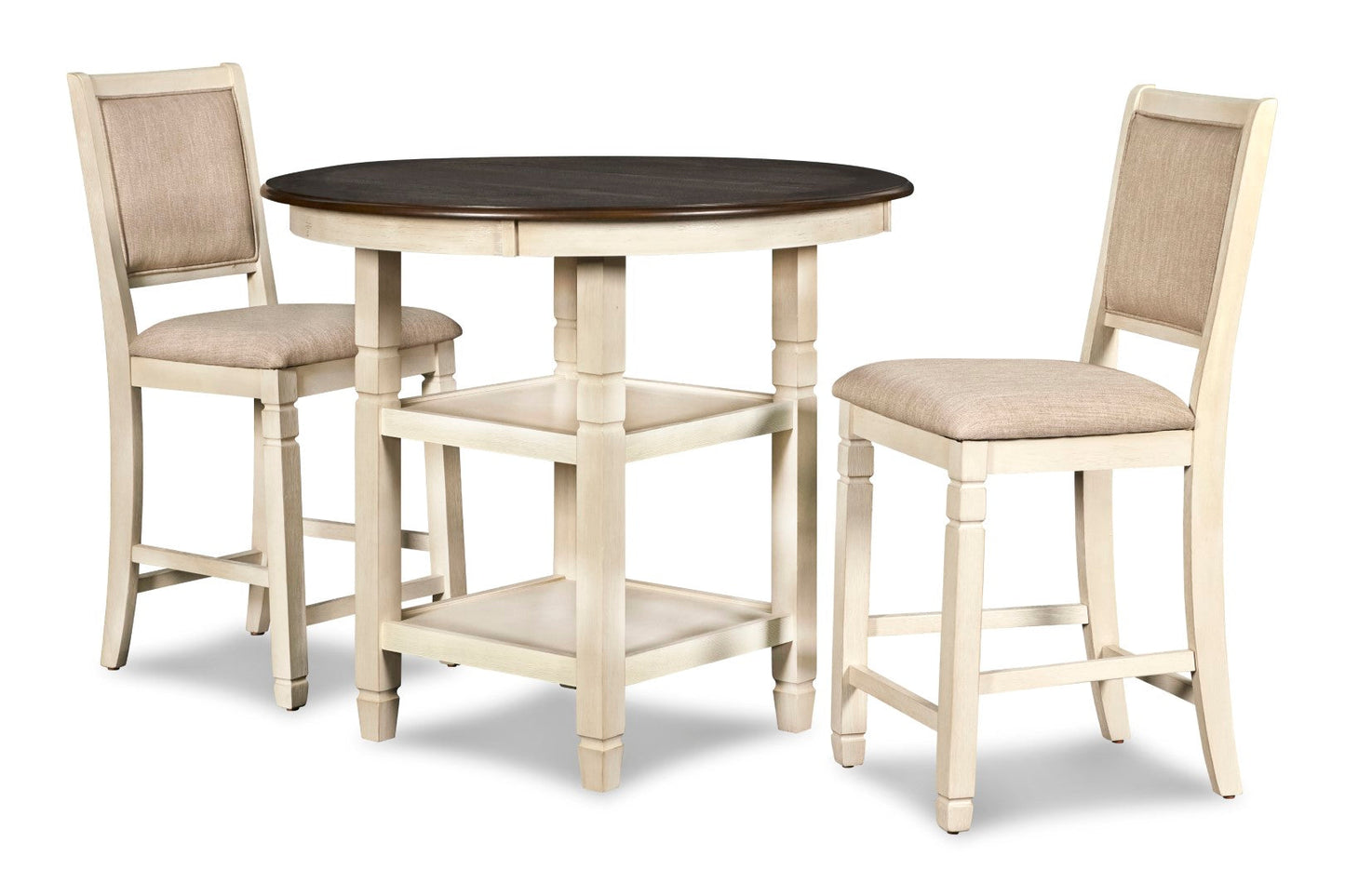 Prairie Point Round Counter Table with Shelves - Charming Cottage White & Oak Finish for 4 People