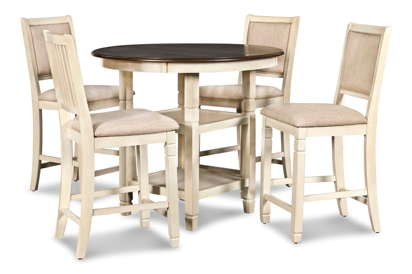 Prairie Point Round Counter Table with Shelves - Charming Cottage White & Oak Finish for 4 People