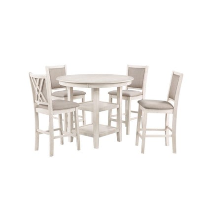 Amy 5 Pc Counter Dining Set - Stylish Round Table & 4 Upholstered Chairs in White Bisque Finish