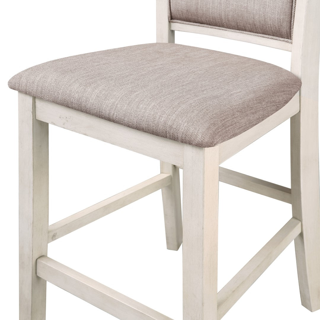 Amy 5 Pc Counter Dining Set - Stylish Round Table & 4 Upholstered Chairs in White Bisque Finish