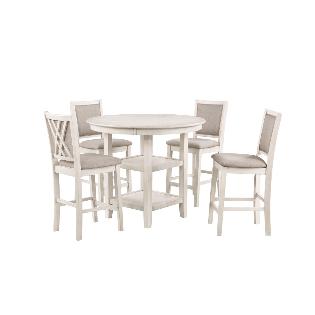 Amy 5 Pc Counter Dining Set - Stylish Round Table & 4 Upholstered Chairs in White Bisque Finish
