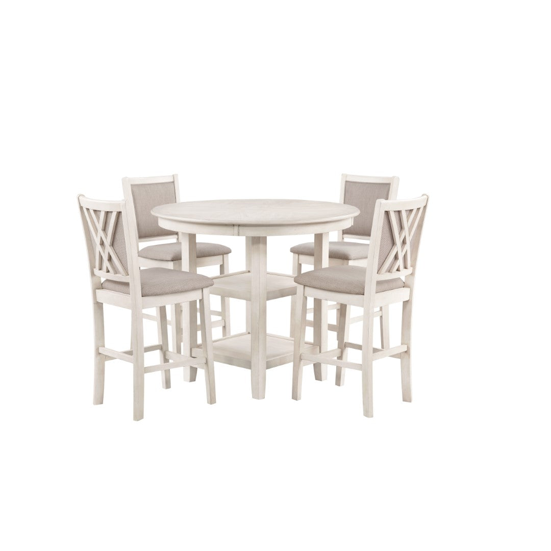 Amy 5 Pc Counter Dining Set - Stylish Round Table & 4 Upholstered Chairs in White Bisque Finish