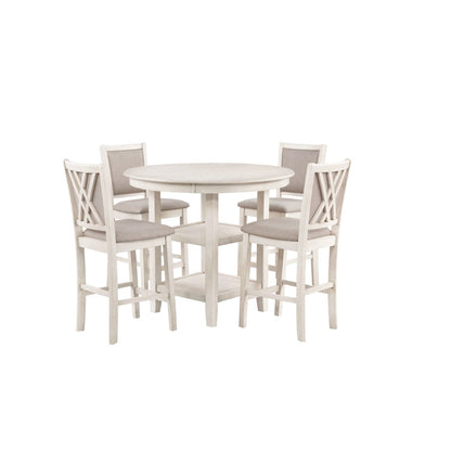 Amy 5 Pc Counter Dining Set - Stylish Round Table & 4 Upholstered Chairs in White Bisque Finish