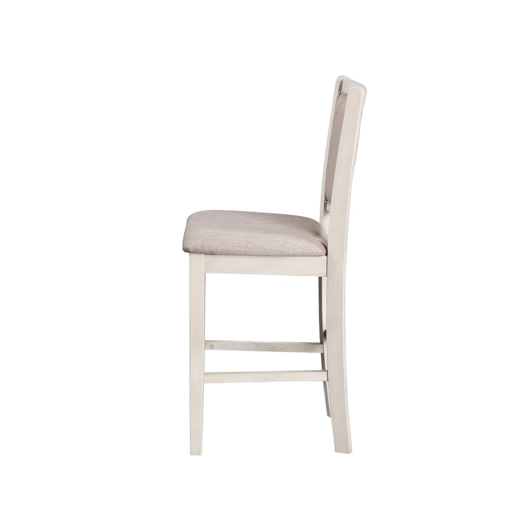 Amy 5 Pc Counter Dining Set - Stylish Round Table & 4 Upholstered Chairs in White Bisque Finish