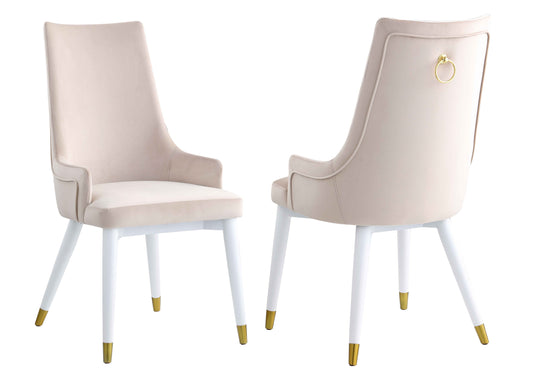 Modern Side Chair w/ Wooden Legs & Brass Back Handle - 2 Per Box | Chintaly - JUDY-SC-WHT-BGE
